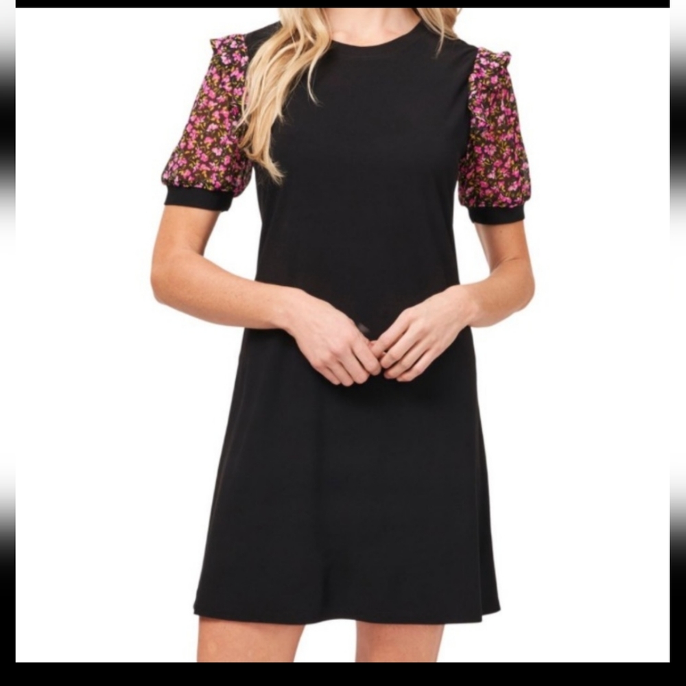 0115 - CeCe Women's Mini Dress Floral Puff Sleeves Black Size M